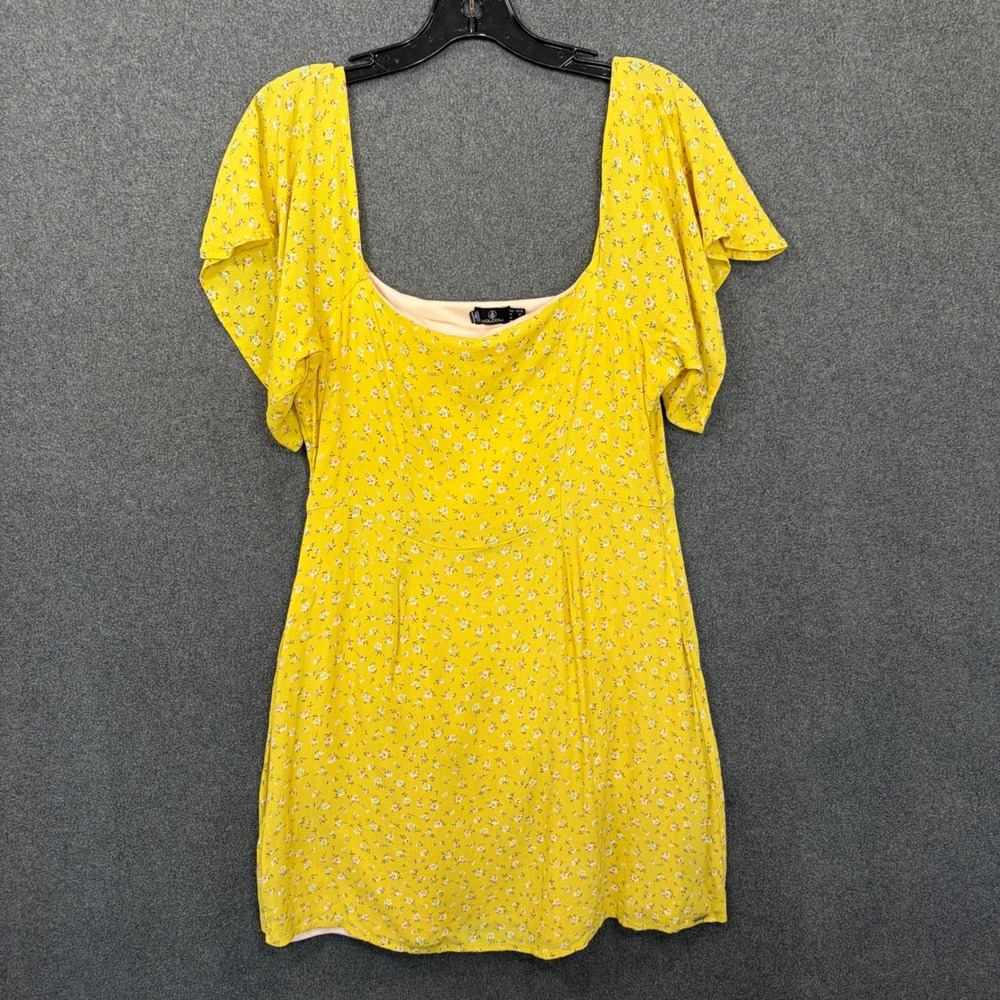 Volcom Mini Dress Womens Medium Yellow Excellent Ditsy Floral Flutter Sleeve